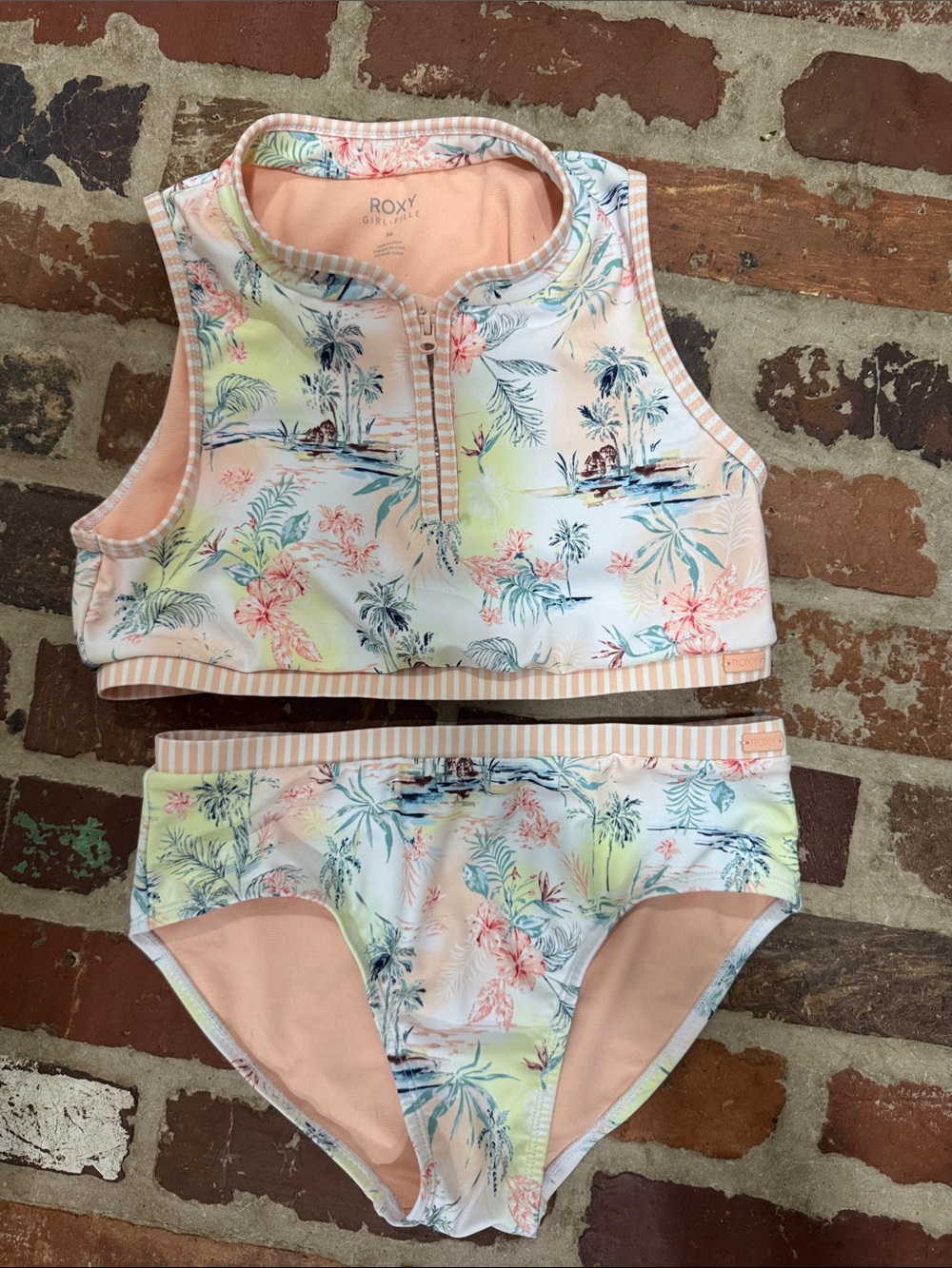 Roxy Girls Peach Floral Zip-Front Two-Piece Swim Set